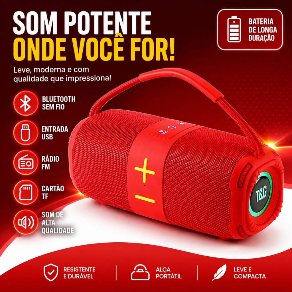 Caixa de Som Bluetooth 16W Potente LED RGB TWS Bluetooth 5.3 Portátil Resistente à Água IPX6