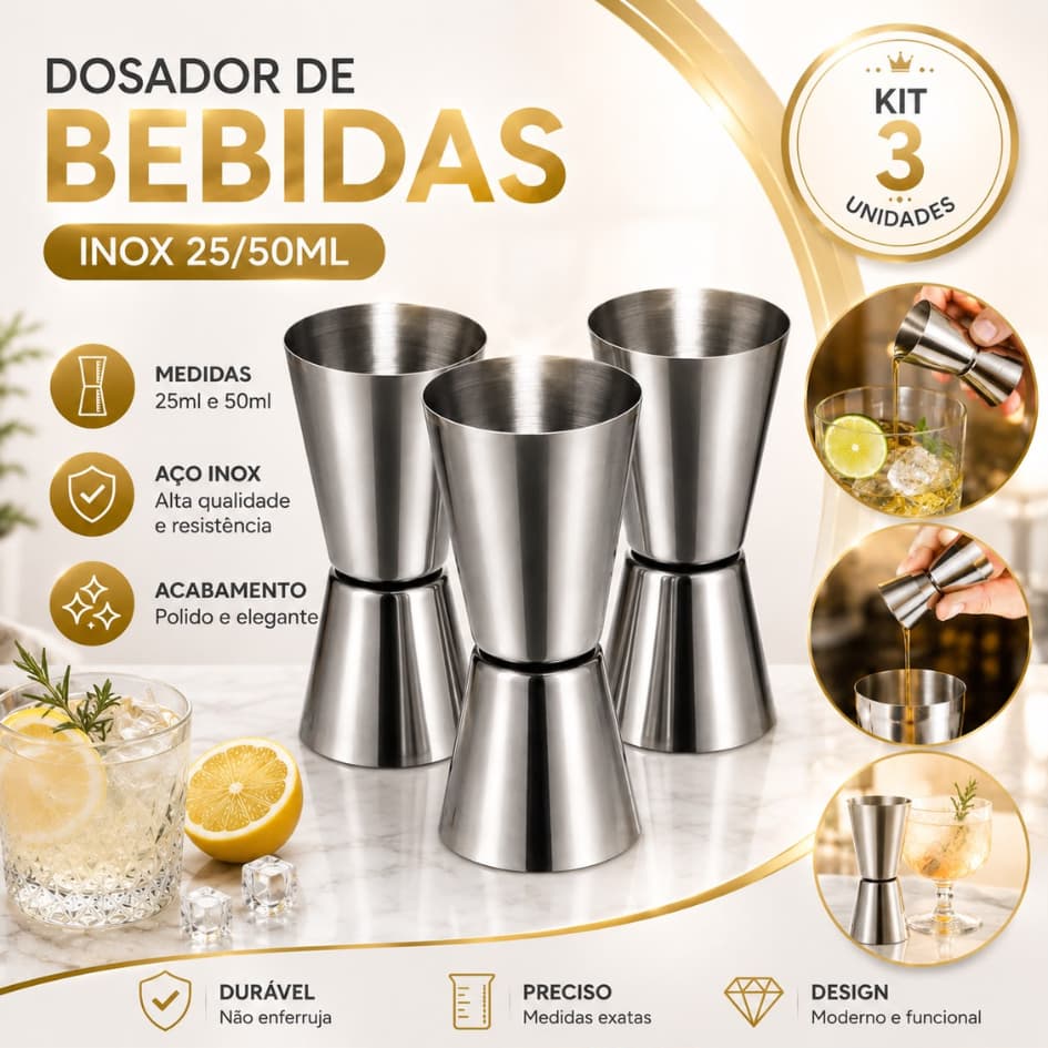 KIT 2 3 5 Dosador Duplo Medidor de Bebidas em Aço Inox 25/50ml Jigger Drinks Coquetéis Bartender Bar