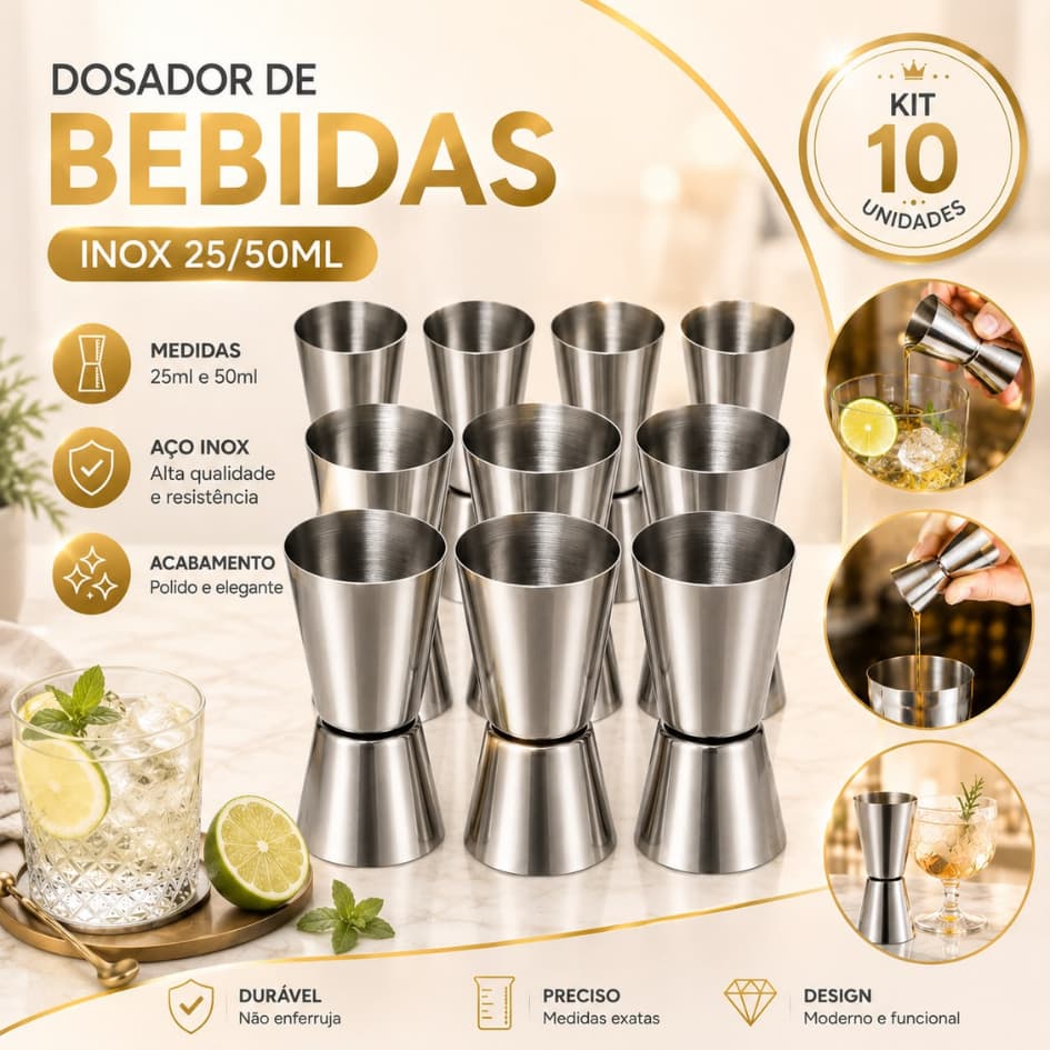KIT 5 10 Dosador Duplo Medidor de Bebidas em Aço Inox 25/50ml Jigger Drinks Coquetéis Bartender Bar