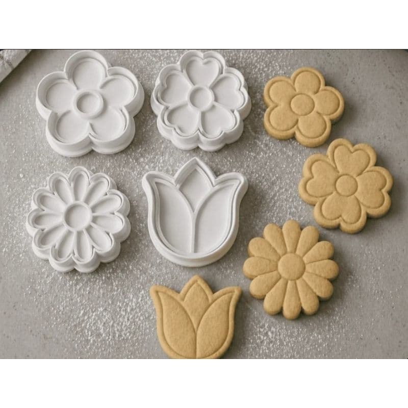 Kit 4 Peças Cortador E Carimbo Biscoito Margarida E Flores