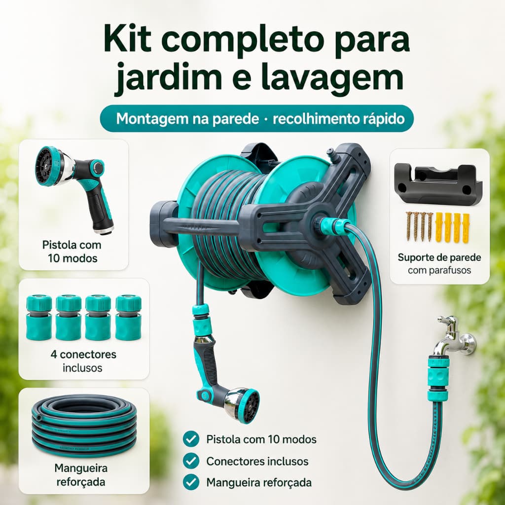 Enrolador de Mangueira de Jardim com PVC 10m/20m/30m, Sistema Prático de Organização para Irrigação e Uso Doméstico
