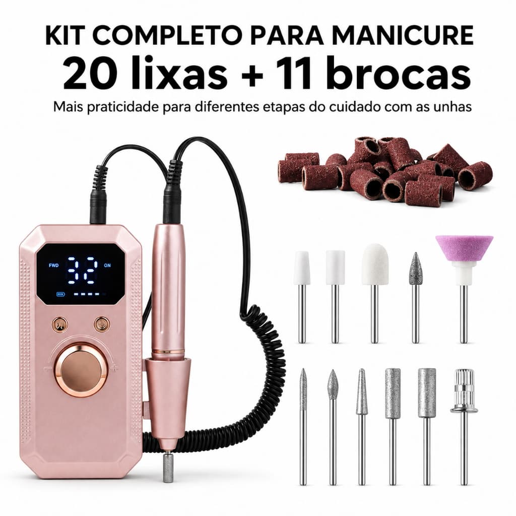 Kit de Lixa Elétrica Sem Fio Profissional Lixadeira Portátil para Unhas em Gel Acrílico Manicure Pedicure 11 Brocas