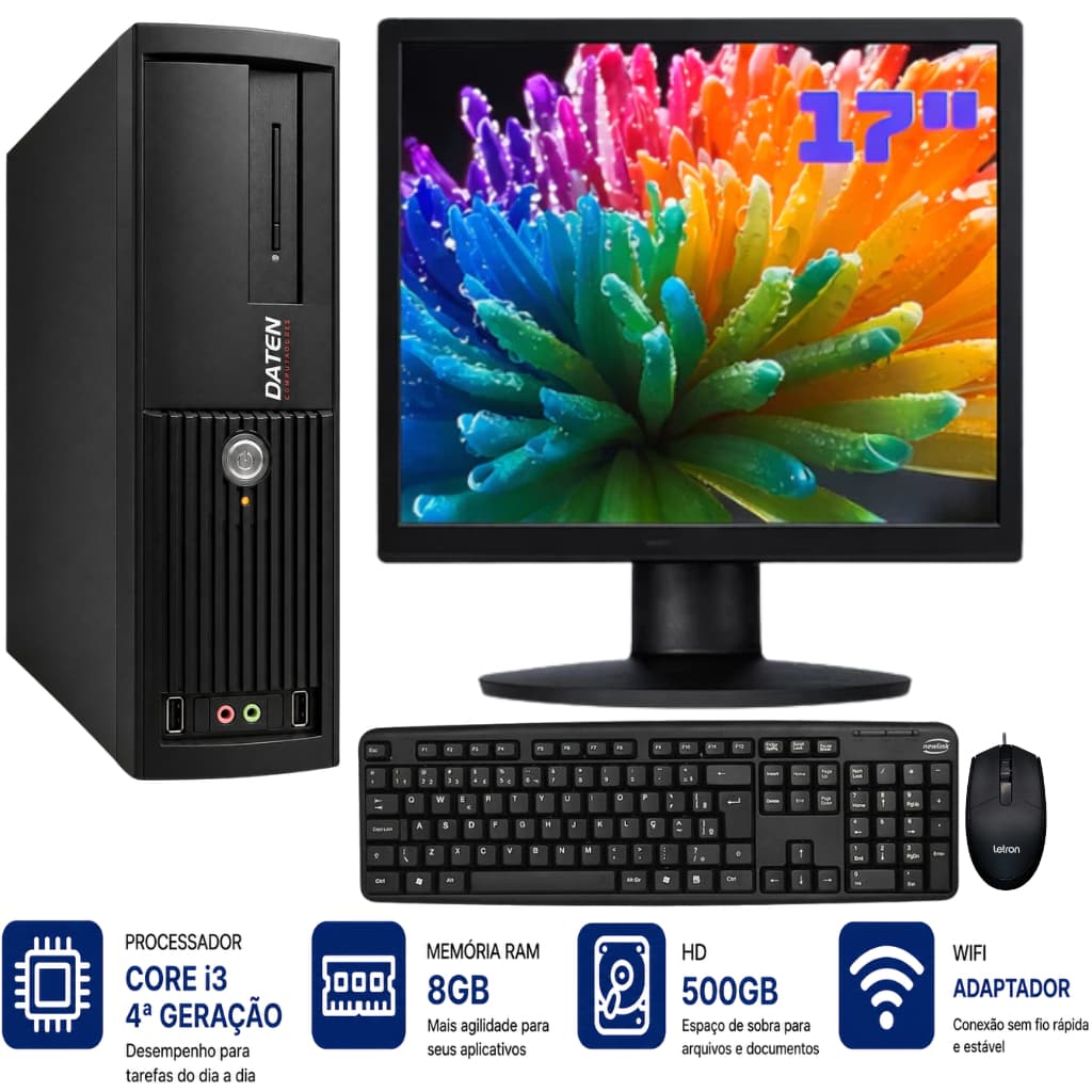 Computador Completo Daten Core i3 4ªgr 500gb HD 8GB Ram Tela 17" Teclado Mouse Wifi Trabalho Estudo