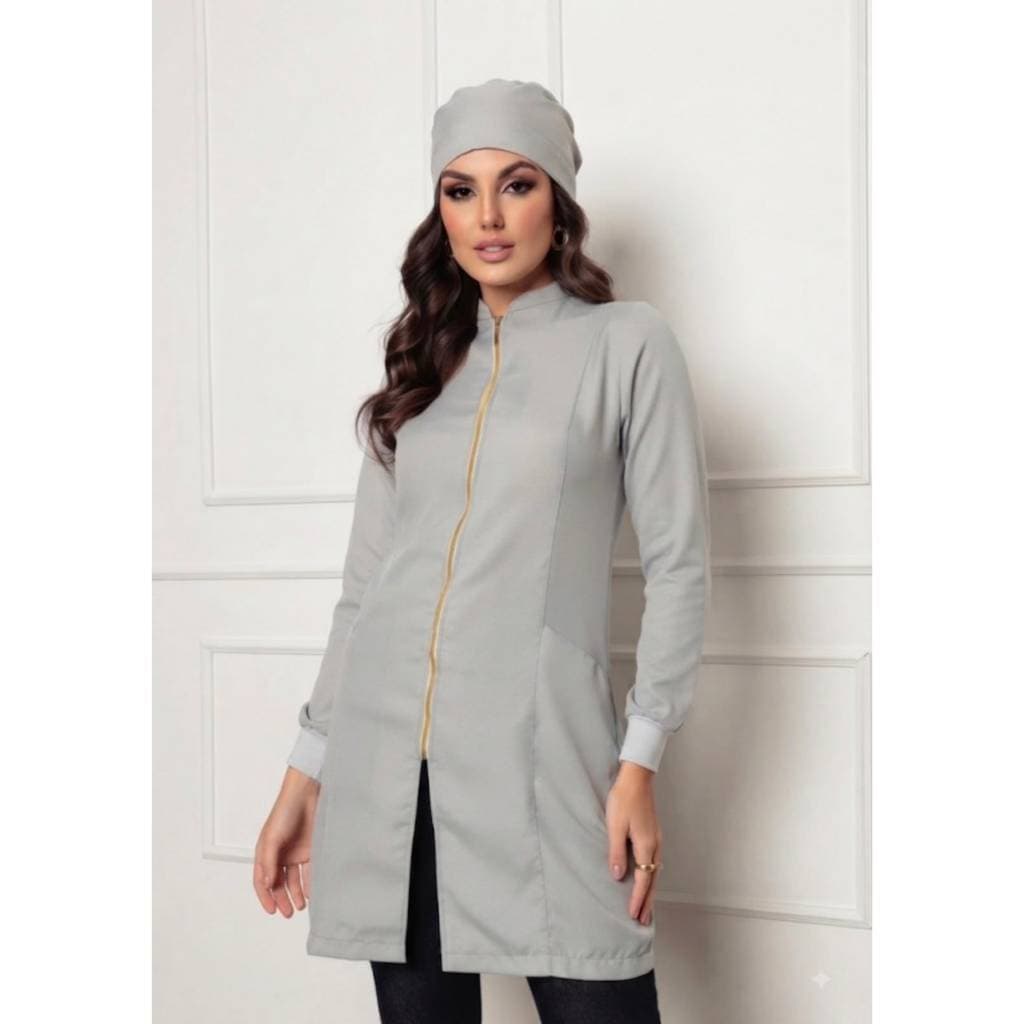 Jaleco Feminino com Zíper Nice + Gorro  Cinza Gardenia Jalecos