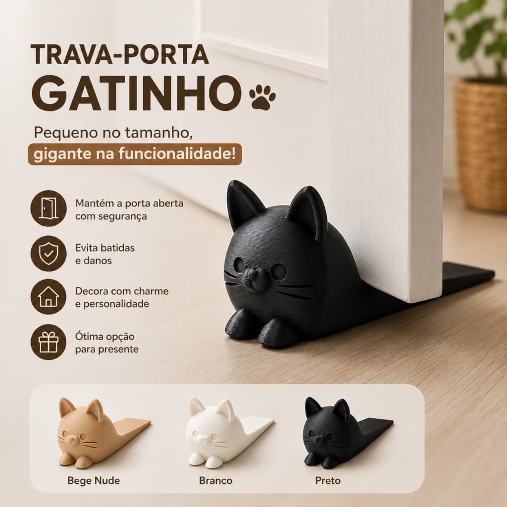 GATINHO Segura Porta Decorativo Aparador Trava Limitador Calço e Peso para Quarto Sala Cozinha e Banheiro Decoração
