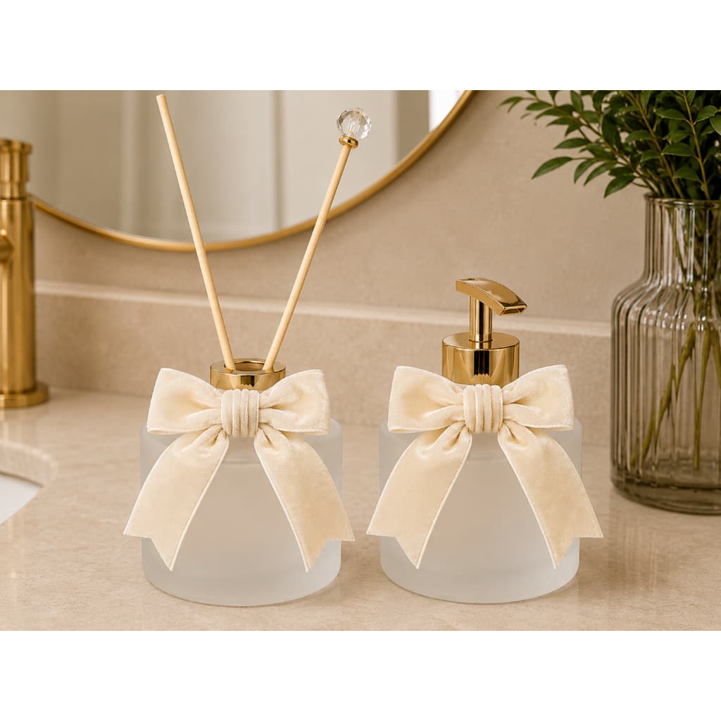 Kit Lavabo Luxo Vidro 6 Peças Difusor Saboneteira Kit Banheiro Aromatizador e Porta Sabonete Liquido Vidro Fosco Elegant