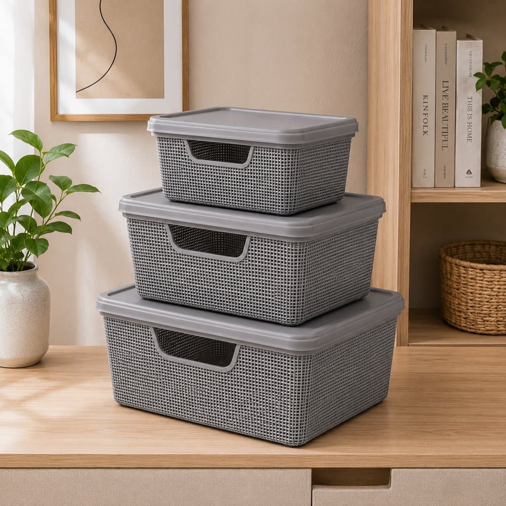 Caixa Organizadora Tampa Multiuso 1,8L, 5L, 15L ou Kit com 3 Plástico Roupa Brinquedo Banheiro Lavanderia Closet Cinza