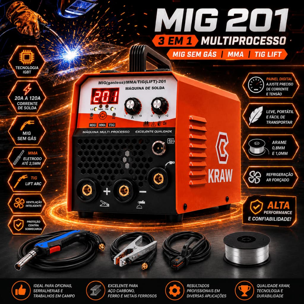 Maquina Solda Multiprocesso MIG MAG TIG(LIFT) 201 sem gás