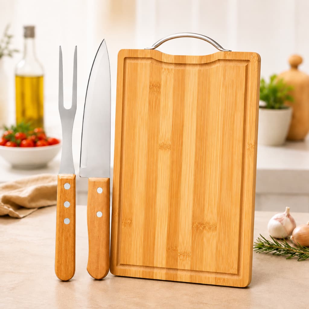 Kit Churrasco Profissional 3 Peças Tábua Bambu Faca Garfo Inox Presente Dia Dos Pais Casamento