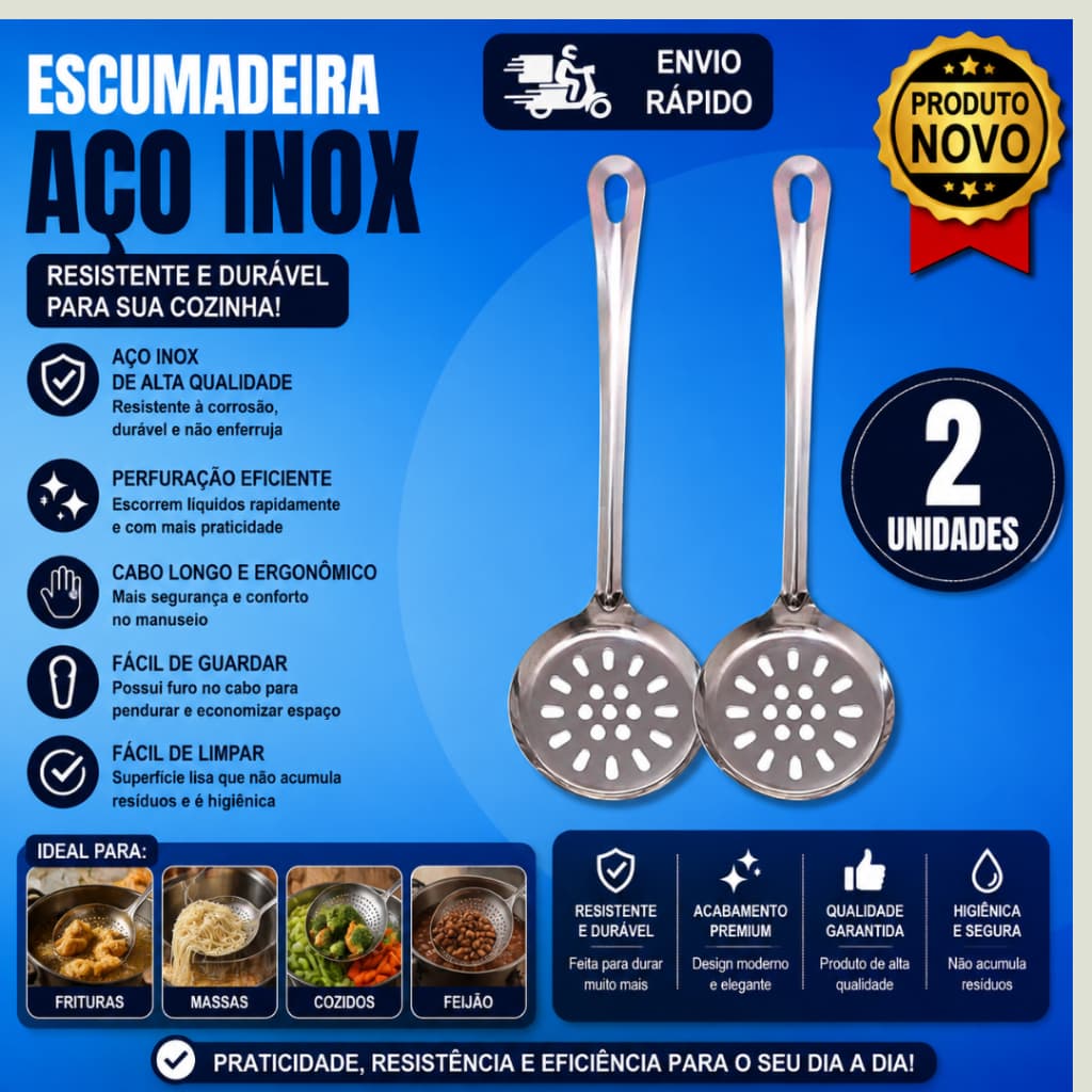 Conjunto 2 Escumadeiras de Inox Para Frituras Alimentos Arroz Massas Cozinha SQ 4245