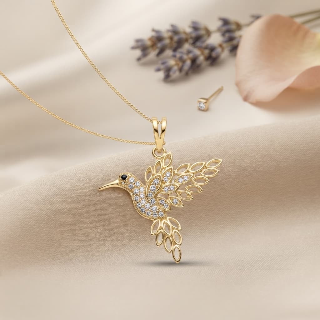 Colar Pingente Beija-Flor Cravejado - Corrente Cobra Banhada a Ouro 18K Ajustável Hipoalergênico
