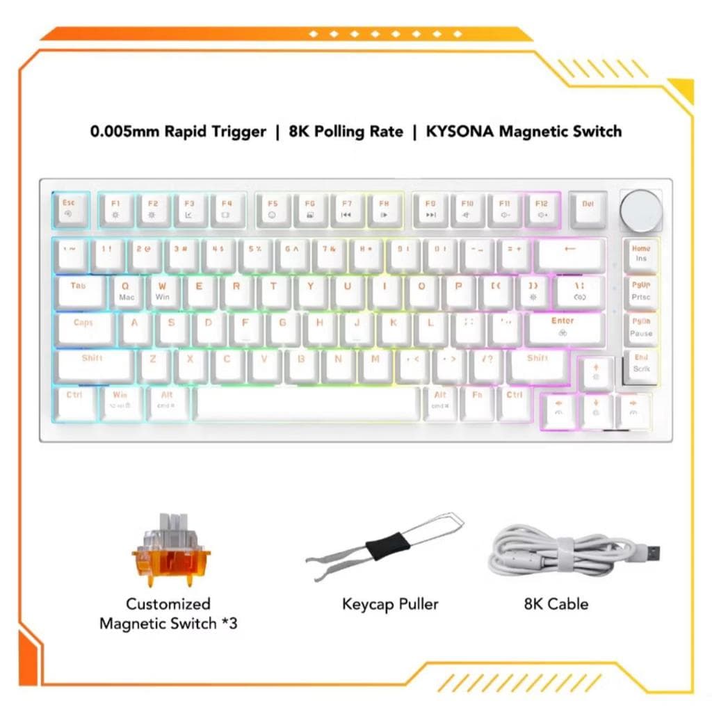 Teclado KYSONA KM82 HE 75 % 82 Teclas  Magnético gamer usb-c  Iluminação ARGB De 8KHz, cor branco.