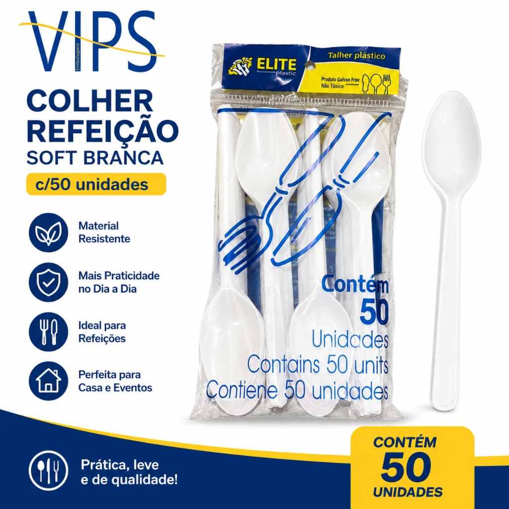Colher Refeição Soft Branca c/50 Eliteplastic.