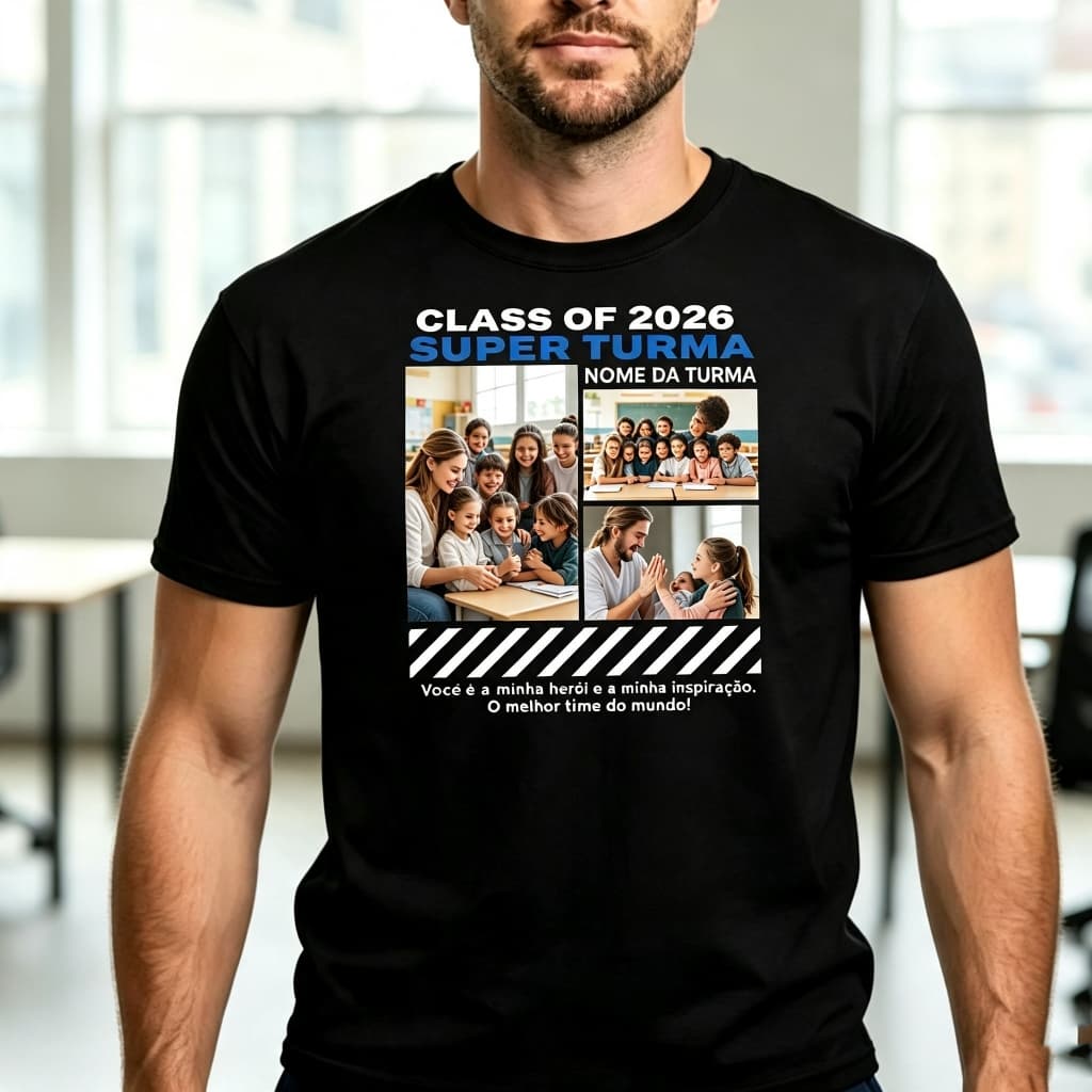 Camiseta personalizada com estampa de imagem e texto para turmas, com corte justo, ideal tanto para uniformes escolares