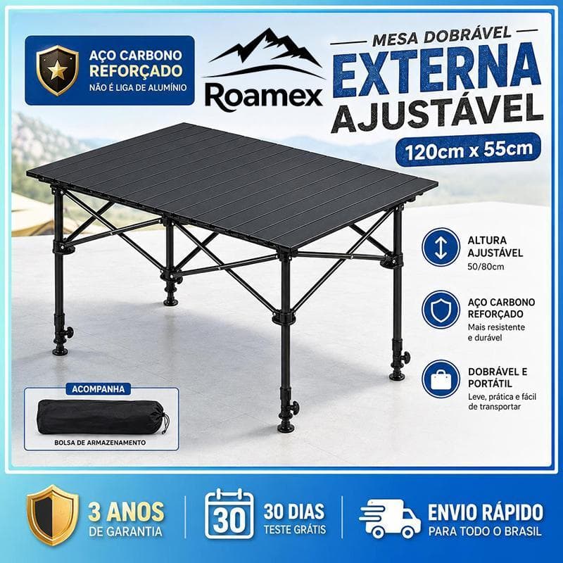 Mesa Dobrável para Camping com Altura Ajustável 50–80 cm, Estrutura em Aço Carbono, Portátil com Bolsa para Churrasco