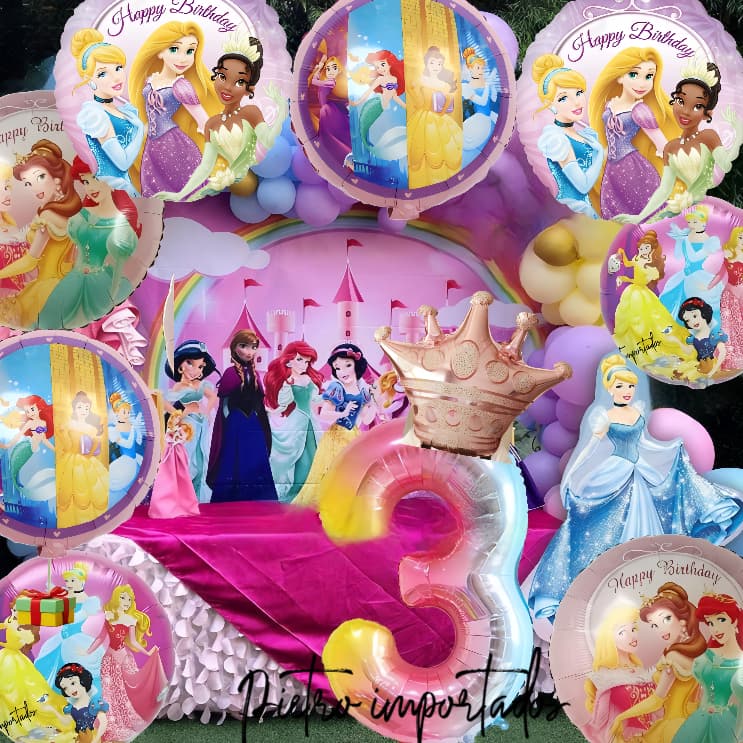 Kit Balões Princesas Disney 10 pçs - 8 Balões Princesas + Número Gigante 70cm E Coroa