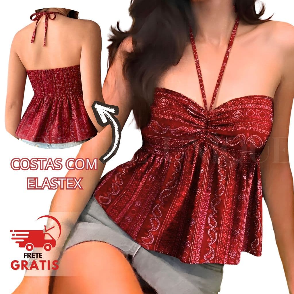 Top Tomara que Caia Feminino Estampa Étnica Boho Chic com Elastex
