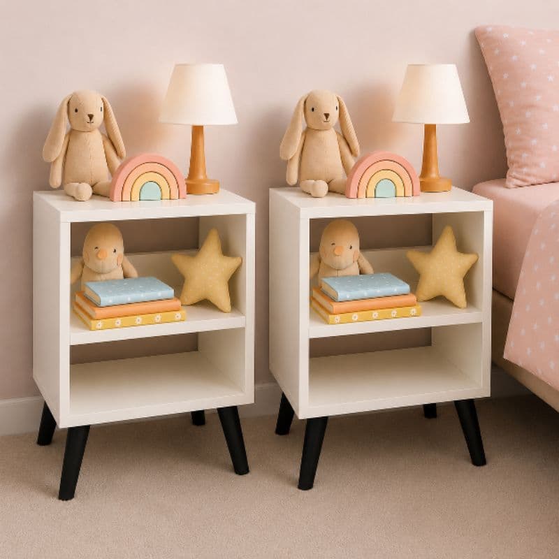 Kit 2 mesa cabeceira pés palito, MDF Branco, nicho, prateleira - Ideal para espaços pequenos