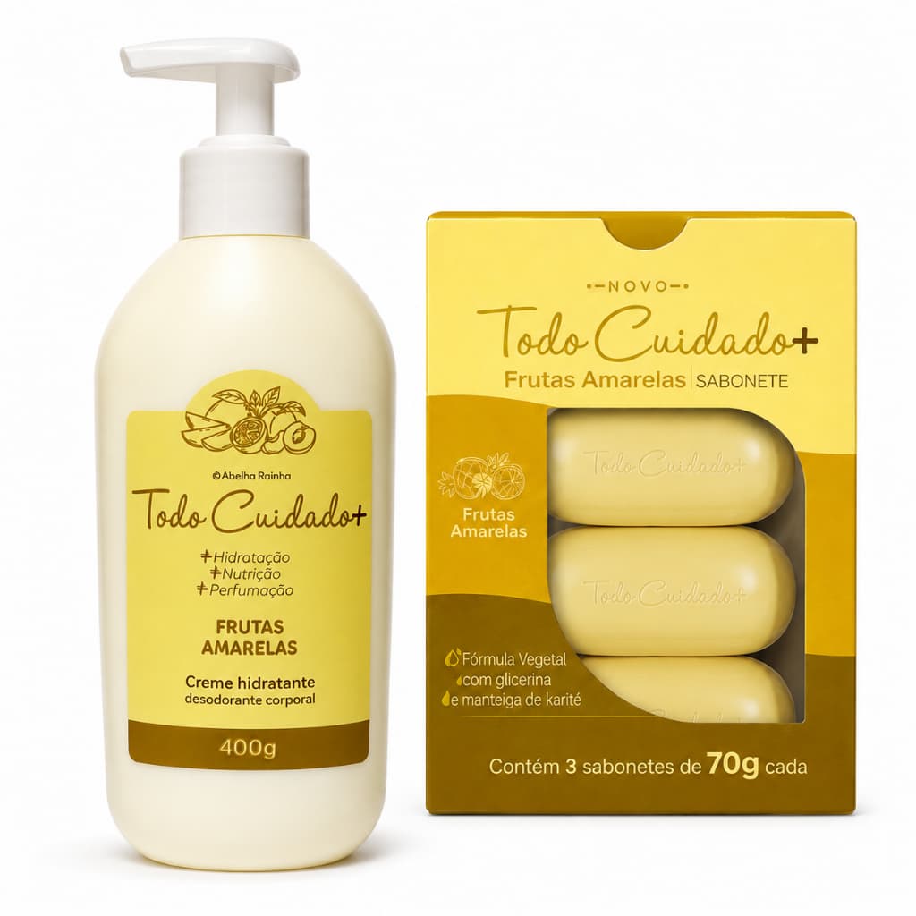 Kit Todo Cuidado+ Frutas Amarelas Abelha Rainha Creme Hidratante E Caixa Com 3 Sabonetes