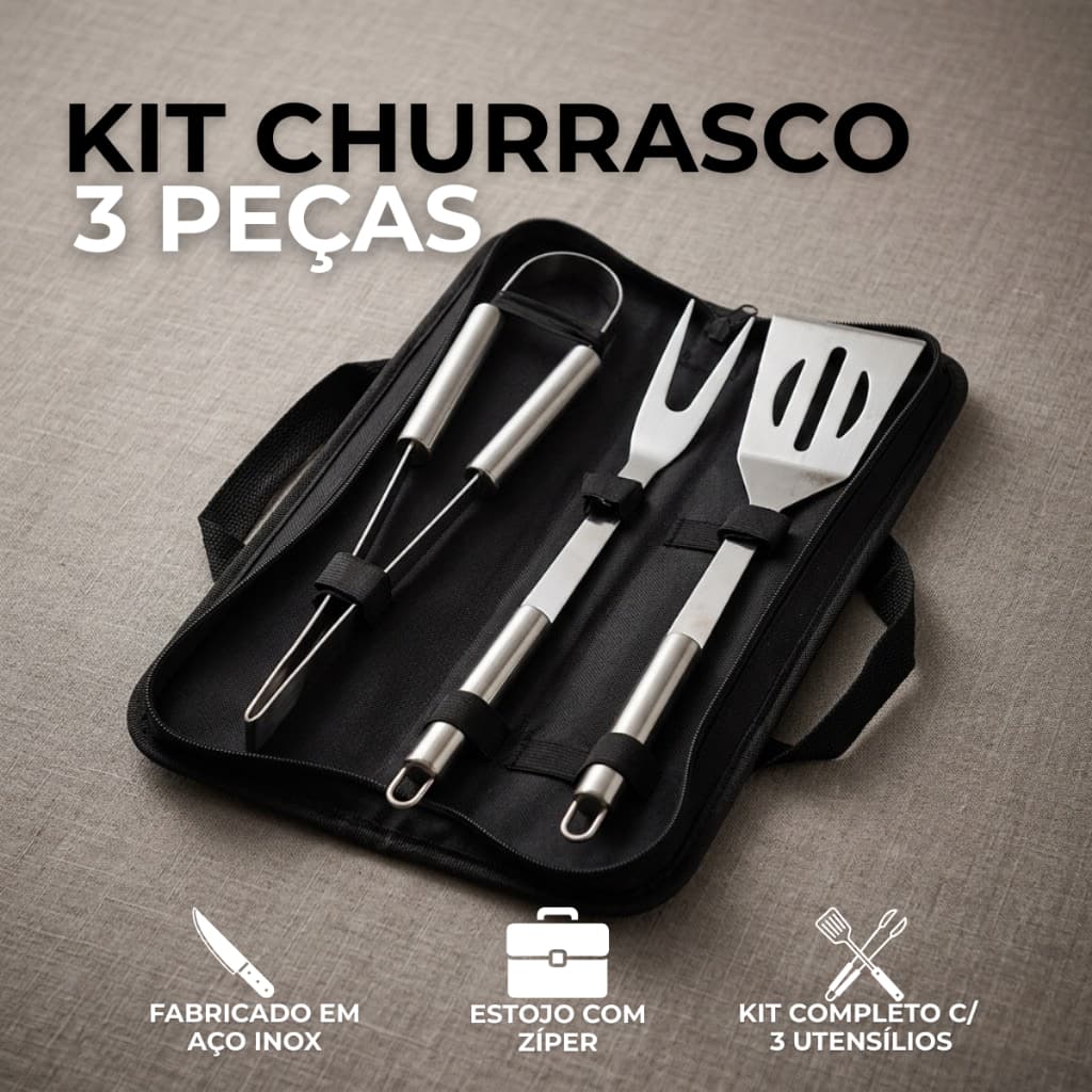Kit Churrasco 3 Peças Inox com Estojo Espátula Garfo Pegador Kit Churrasqueiro Presente Pronta Entrega