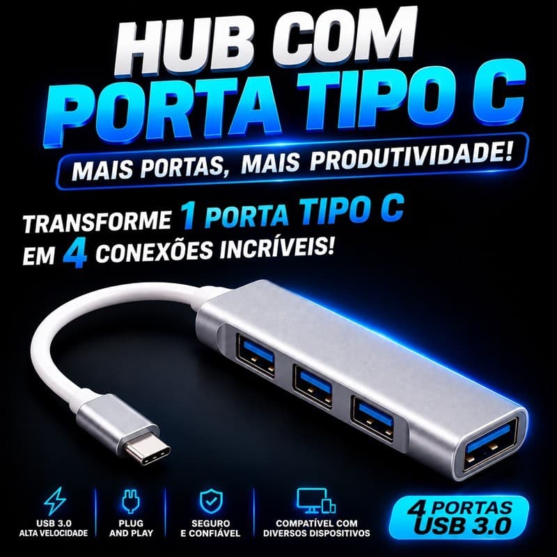 Hub USB Type-C 4 Portas USB 2.0 + USB 3.0 — Mais Conexões, Mais Praticidade para Computador e Notebook