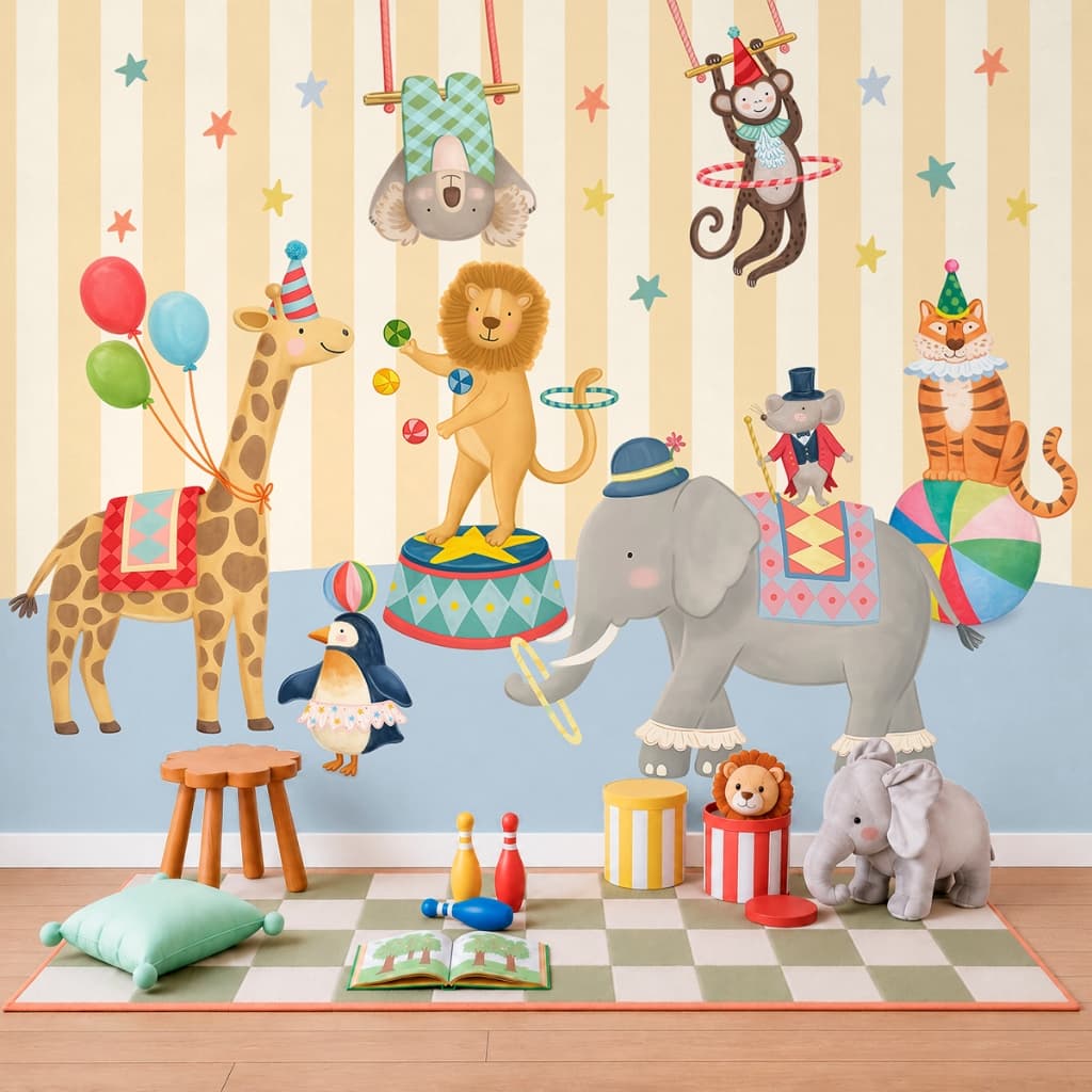 Papel de Parede Circo Cute Animais Felizes - Adesivo Autocolante Decorativo