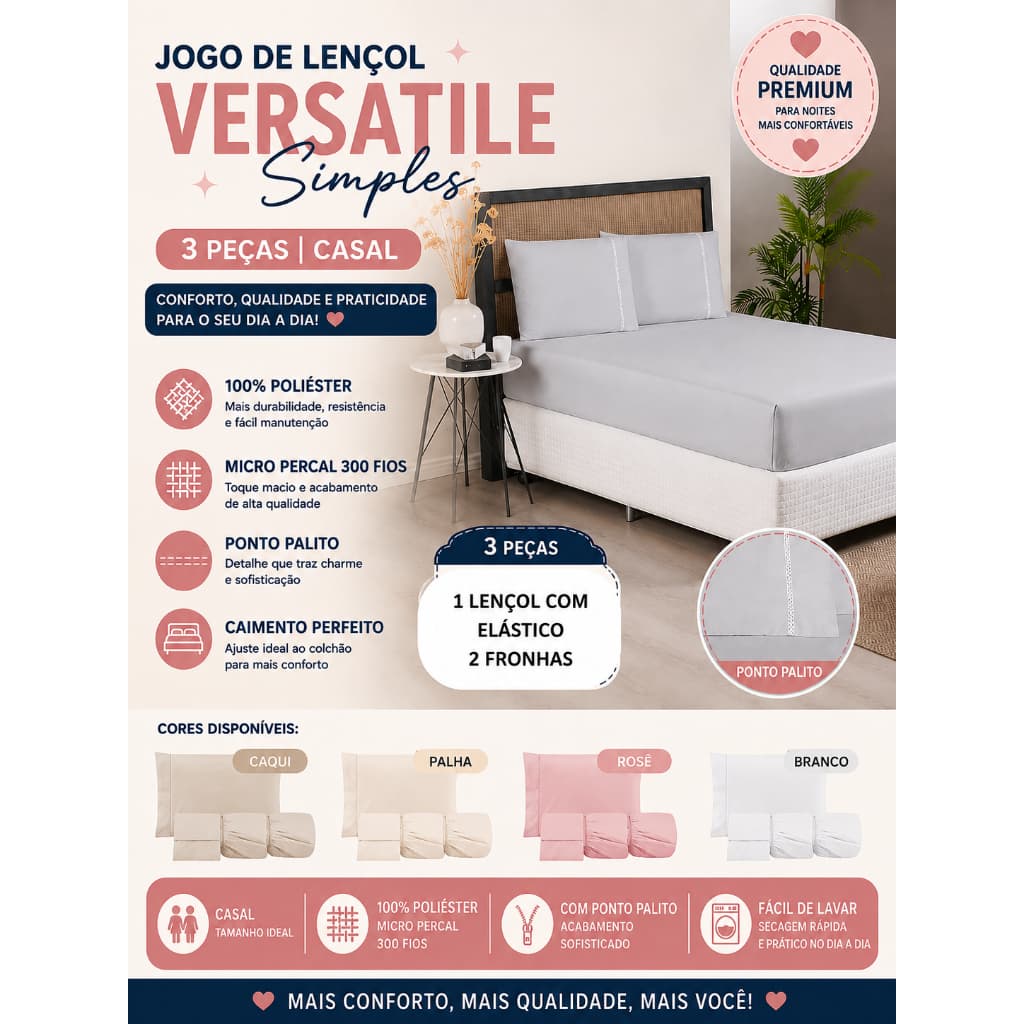 Jogo de Lençol Kit Cama Casal com Elástico 3 Peças 300 Fios Percal Ponto Palito Tecido Poliéster Cama Posta