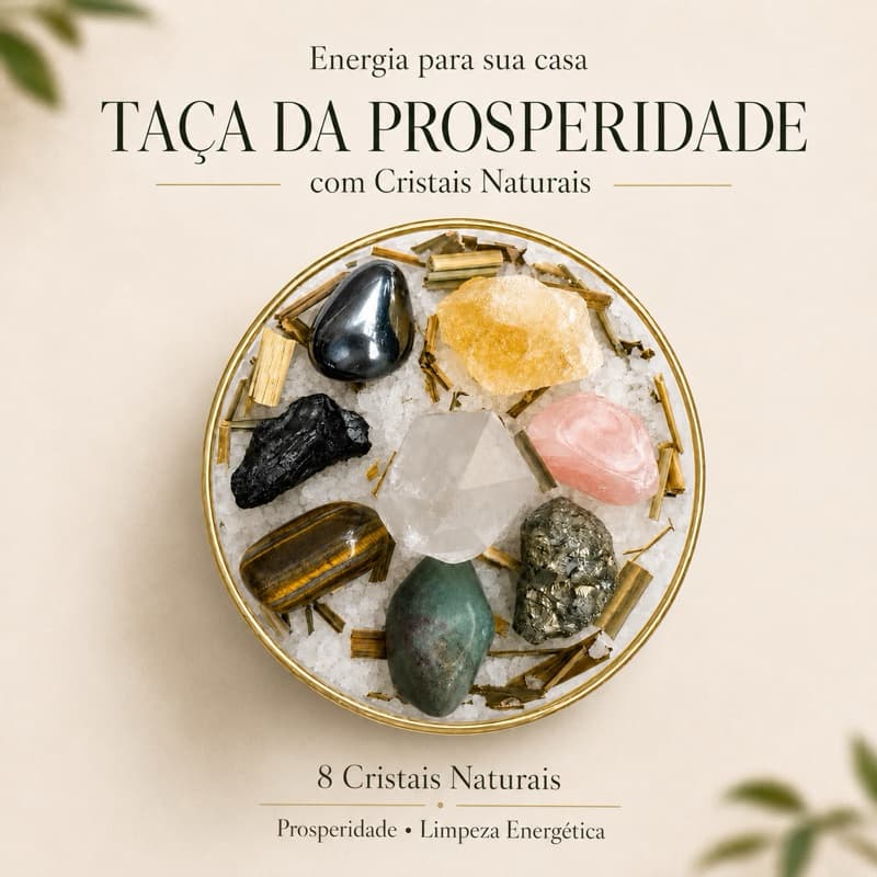 Taça da Prosperidade com 8 Cristais | Citrino, Pirita, Ametista, Quartzo Rosa, Turmalina, Hematita e Esmeralda