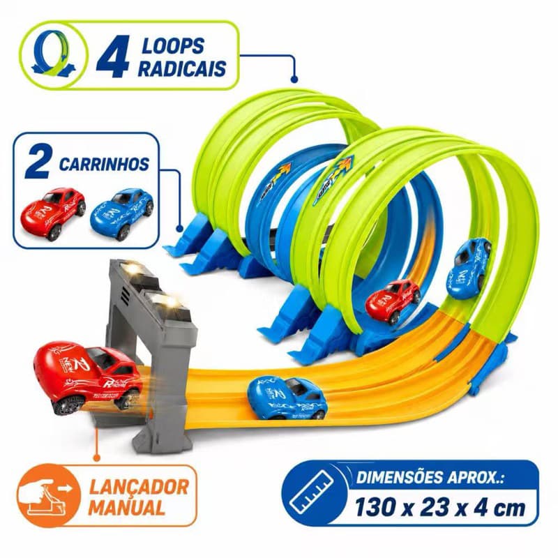 Pista de Corrida com Looping Radical 130cm Dupla com 2 Carrinhos Infantil