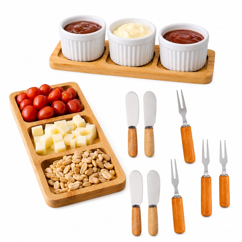 Kit Petisqueira de Bambu 2 Tábuas de Frios com 4 Garfos 4 Espatulas 3 Ramequim Mesa Posta