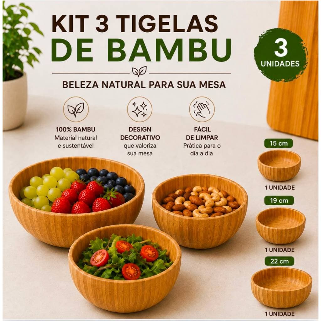 Kit 3 Bowl Tigela Saladeira Fruteira Pote Canelado Redondo Bambu 15cm-500ml 18cm-1000ml 22cm-1500ml