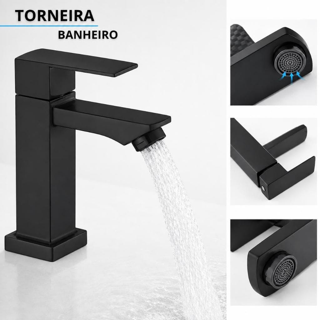 Torneira Banheiro Preta 100% Metal Luxo Quadrada Lavabo Água Fria
