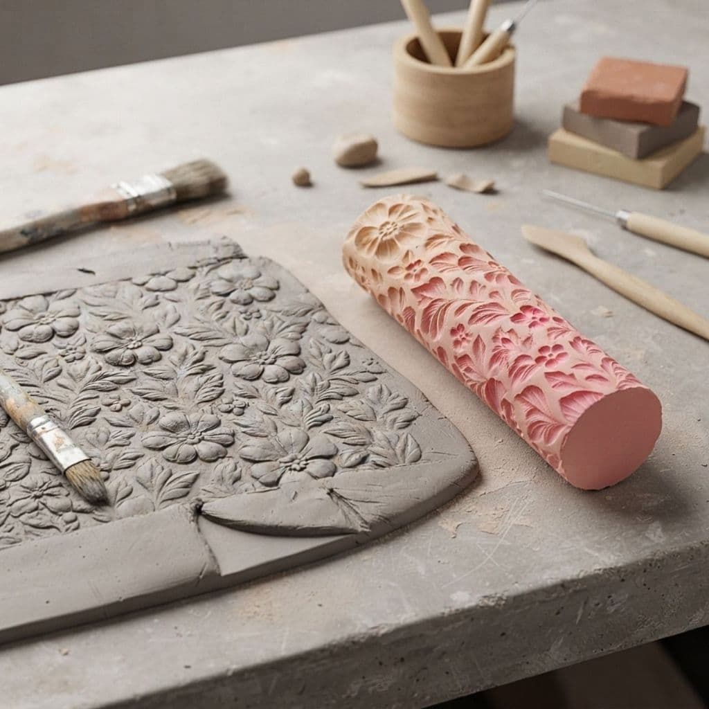 Rolo Texturizador Floral para Argila Massa Biscuit Cerâmica Artesanato Modelagem Relevo