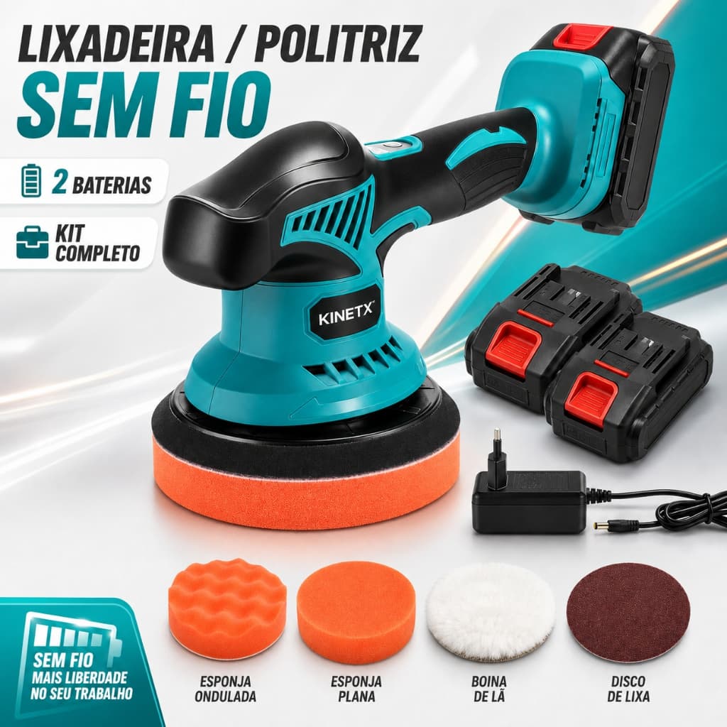 Politriz E Lixadeira Eletrica Sem Fio 21V Bateria Litio Kit 2 Baterias E Boina Polimento