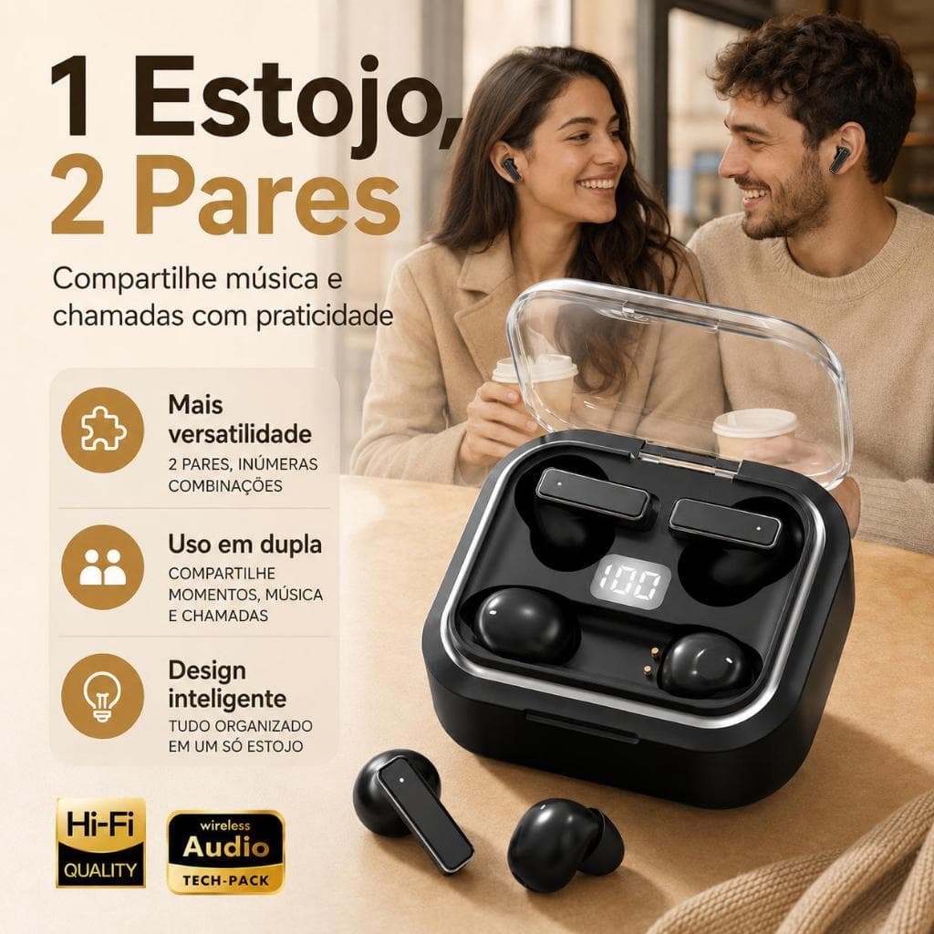 Fone Q76 PRO Bluetooth 6.0 com 2 Pares, Visor LED e Som Hi-Fi