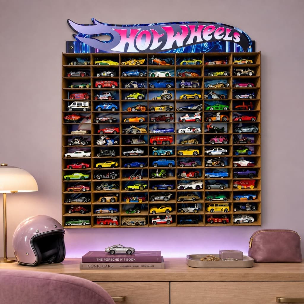 Estante Expositor Porta Carrinhos Hotwheels Miniatura Prateleira Parede 105 Nichos Adesivada Coleção Mdf