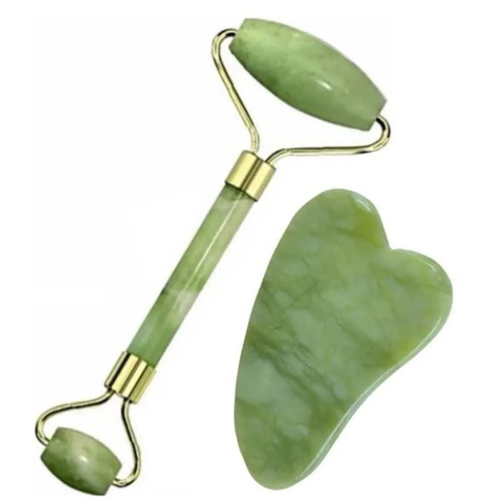 Rolos Massageador Pedra De Jade Massagem Facial +Placa Facial Gua Sha