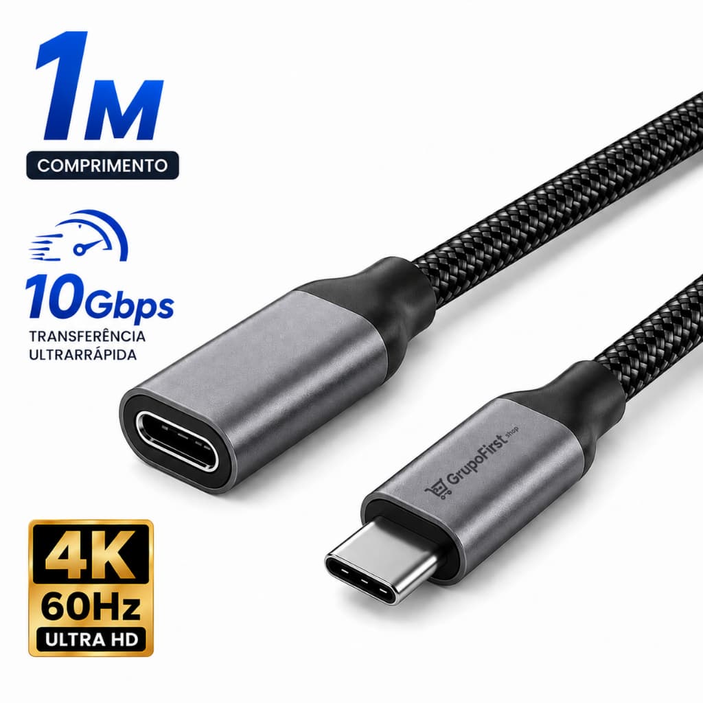 Cabo Extensor USB Tipo C 3.2 Thunderbolt 4 Macho Fêmea 4K 60Hz 100W 10Gbps 1m Extensão para Monitor