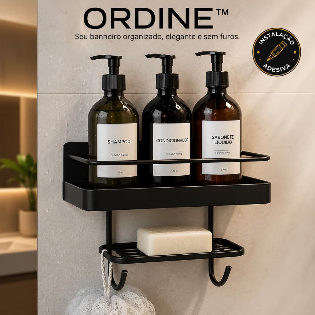 Porta Shampoo Banheiro Organizador com Saboneteira Adesivo Preto