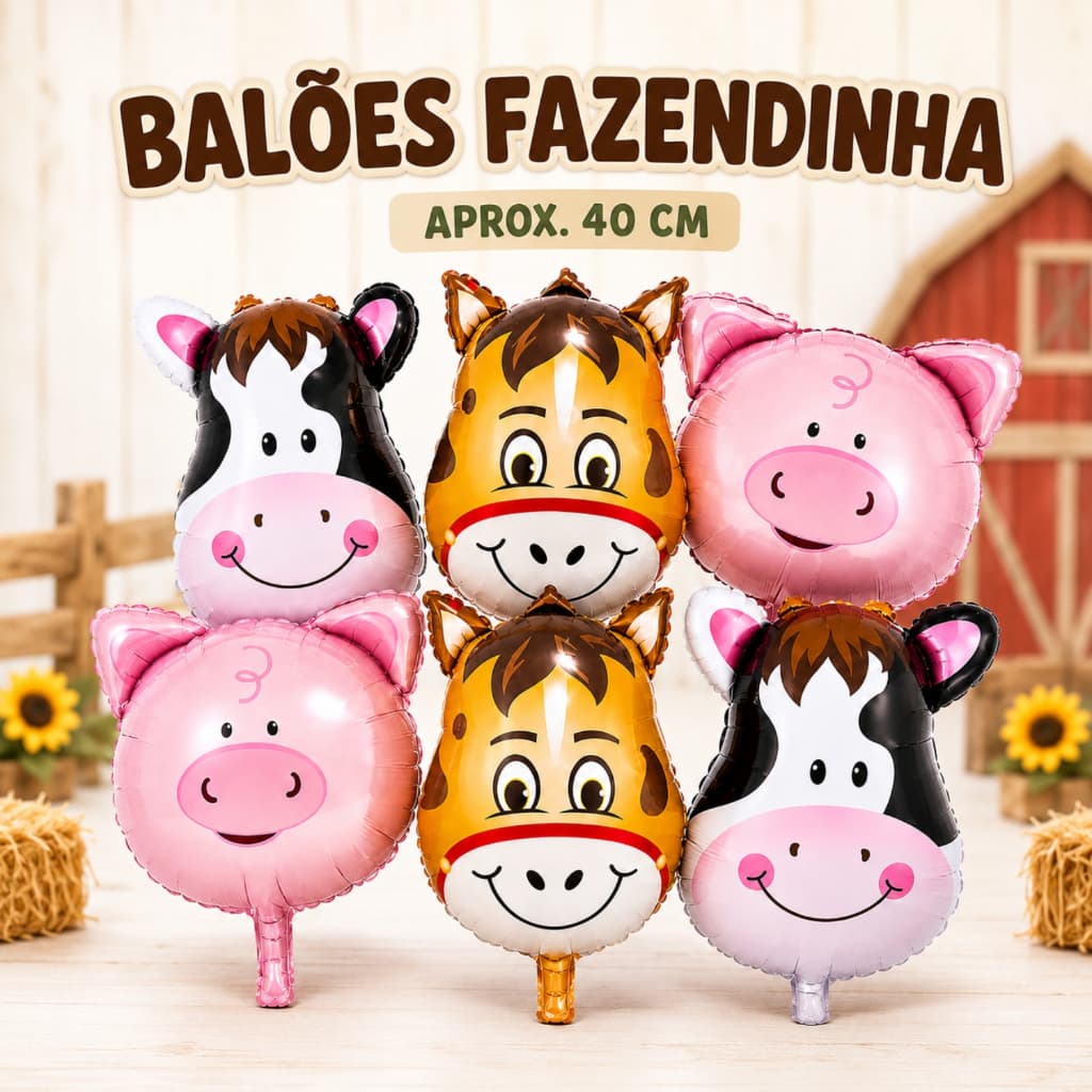 Kit 10/20/50 Balões Animais Fazendinha Metalizado Centro de Mesa Porquinho/Vaquinha Cavalo Premium