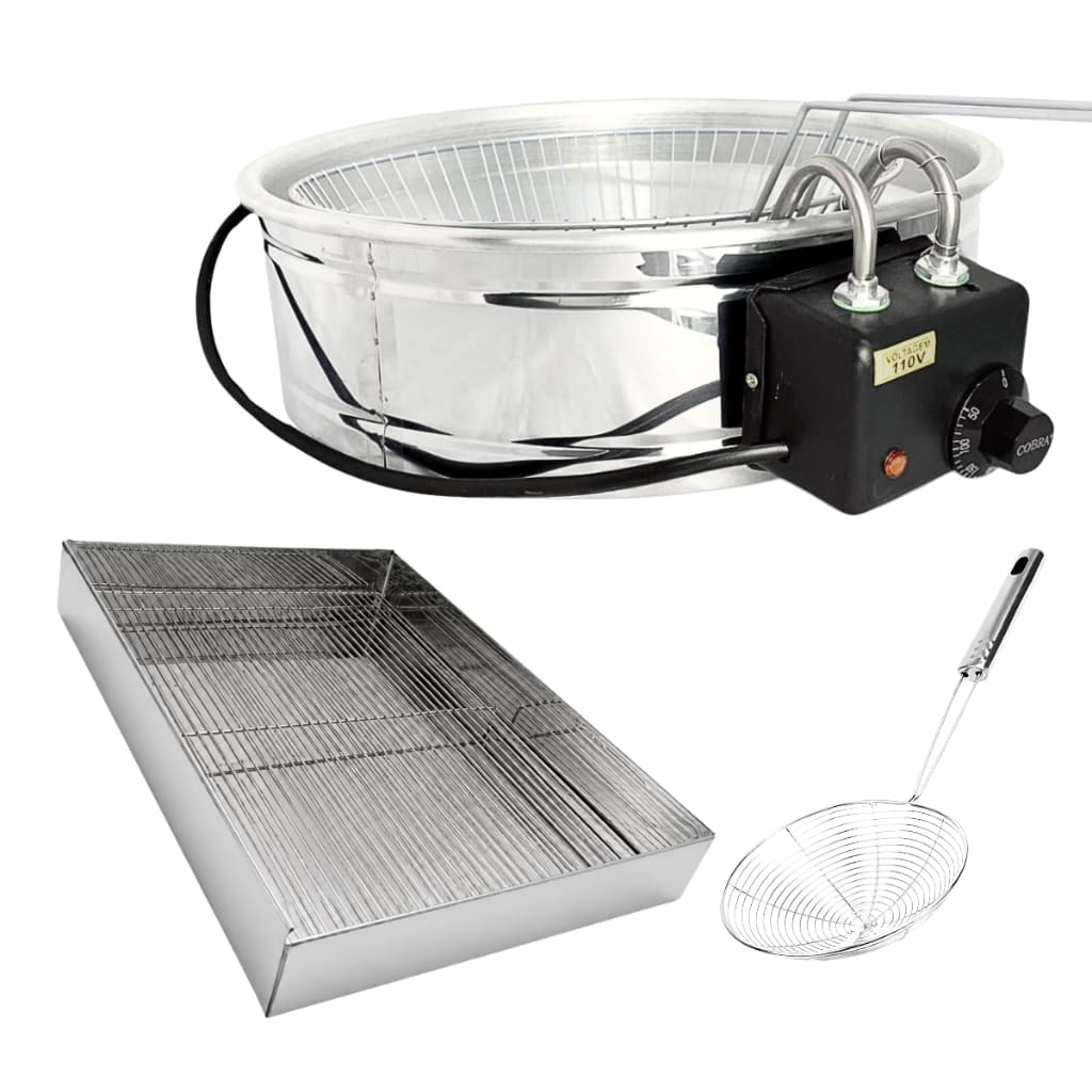 Fritadeira Elétrica Tacho 7L Inox Profissional c/ Termostato + Escumadeira + Escorredor 40cm