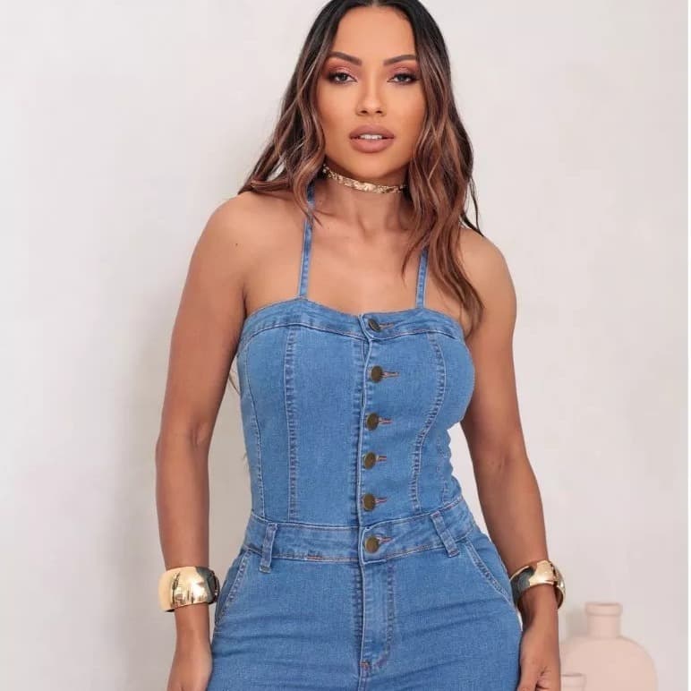 Macacão Jeans Feminino Longo com Elastano Slim Casual Elegante Moda Feminina Roupa Jeans Feminina