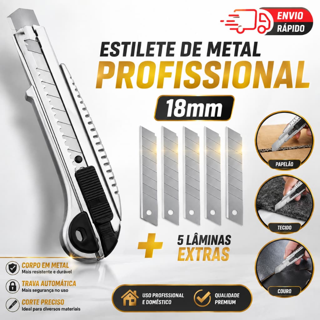 Estilete De Metal Profissional 18mm + 5 Lâminas Extras