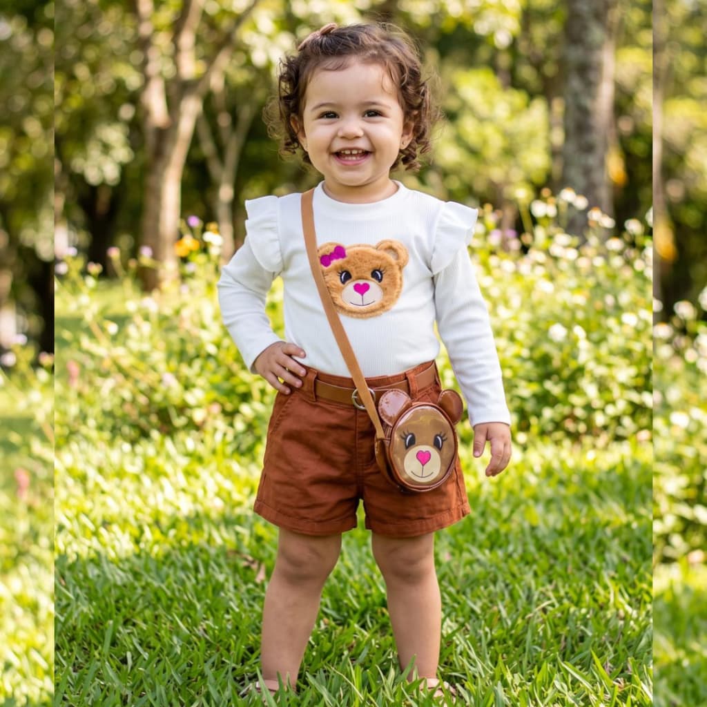 Conjunto Ursinho Infantil Menina  short e blusa com bolsinha - Tamanho 1 moda Feminina look casual Blogueirinha
