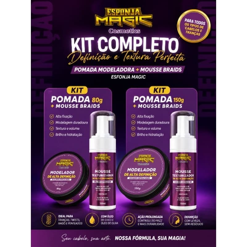 Modelador Esponja Magic ou Fixe 150G + Espuma Mousse Braids Para Baby Hair Tranças Box Braids Nagô