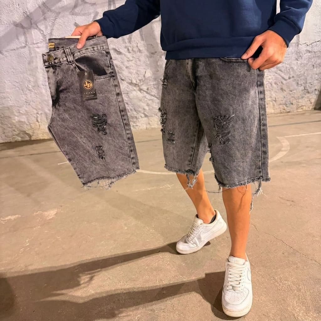 Bermuda Jeans Masculina Grafite Destroyed Rasgada Slim Fit Moda Streetwear 100% Algodão