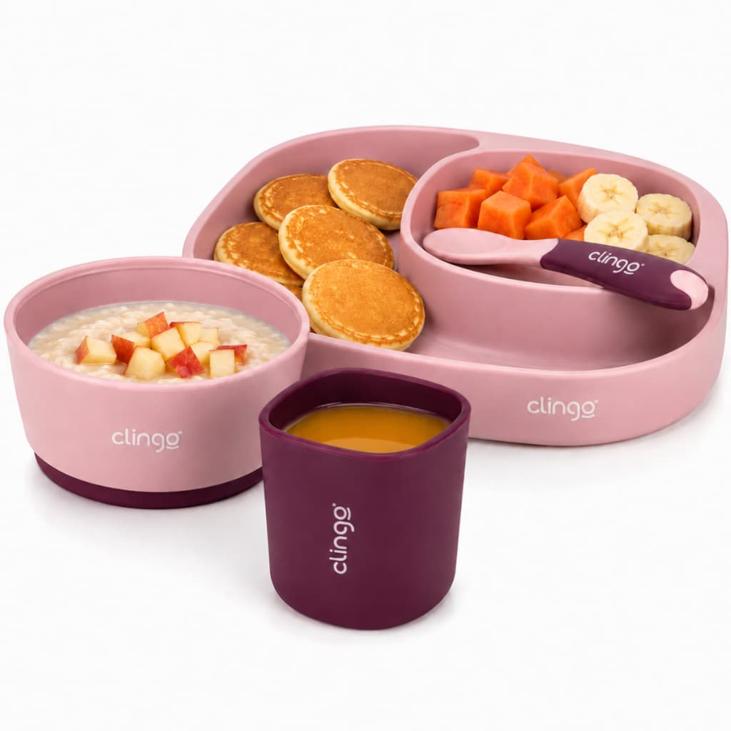 Kit Alimentação Clingo Bebê 4 Em 1 Prato Com Divisórias Tigela Copo Colher Introdução Alimentar BPA Free Refeição Menina