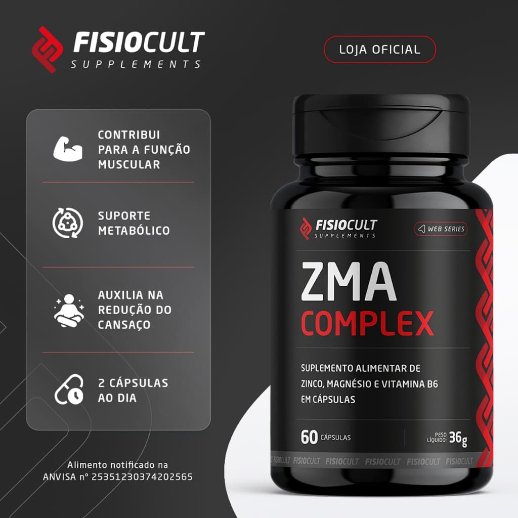 ZMA Complex Alta Performance 60 Capsulas Zinco + Magnésio + Vitamina B6 - Fisiocult Supplements