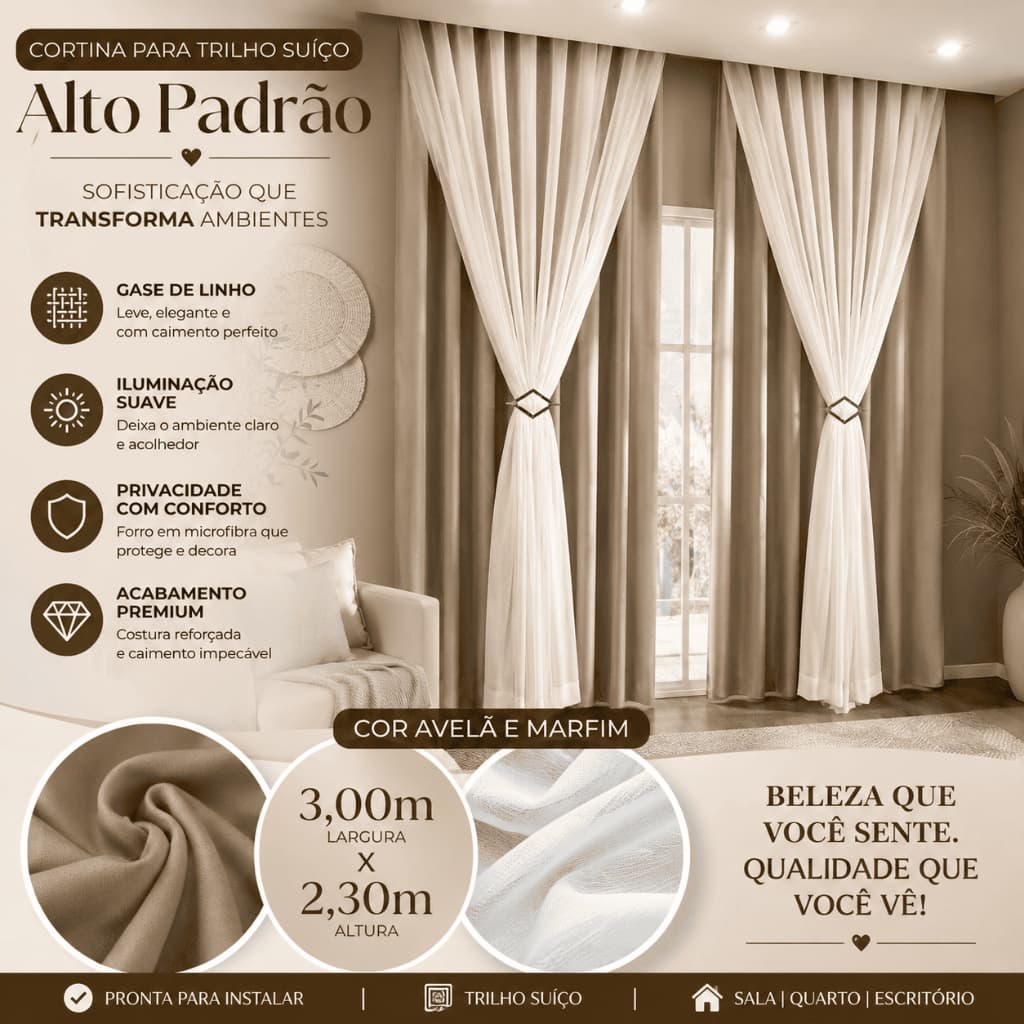 Cortina para Trilho Suíço 3,00m x 2,30m Gaze de Linho com Forro Microfibra Alto Padrão Avelã e Marfim