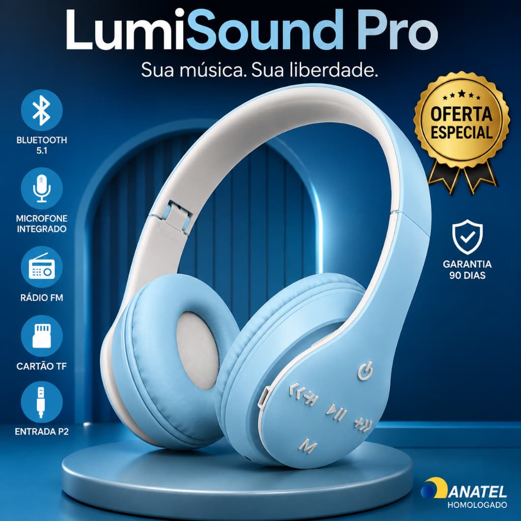 Fone headphone Bluetooth LEHNOX LumiSound Pro LEF-1021 Sem Fio Bluetooth 5.1 com Microfone Rádio FM Cartão TF P2 Até 10h